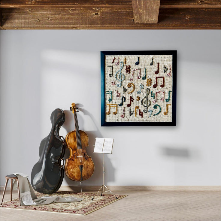 Handmade stone mosaic wall art with music notes pattern in dark frame