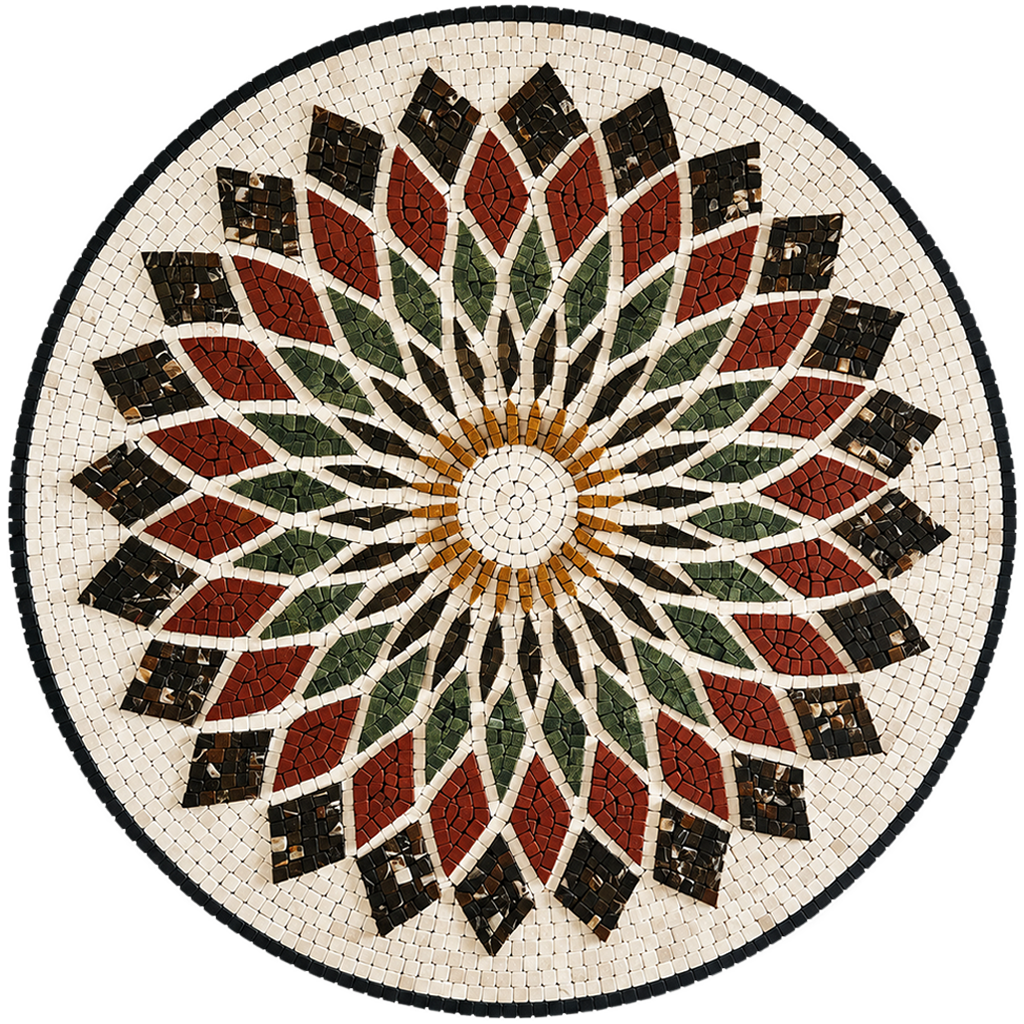 Handmade stone mosaic wall art, circular floral rosette in red, green, black, and cream