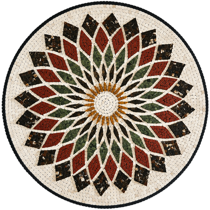 Handmade stone mosaic wall art, circular floral rosette in red, green, black, and cream