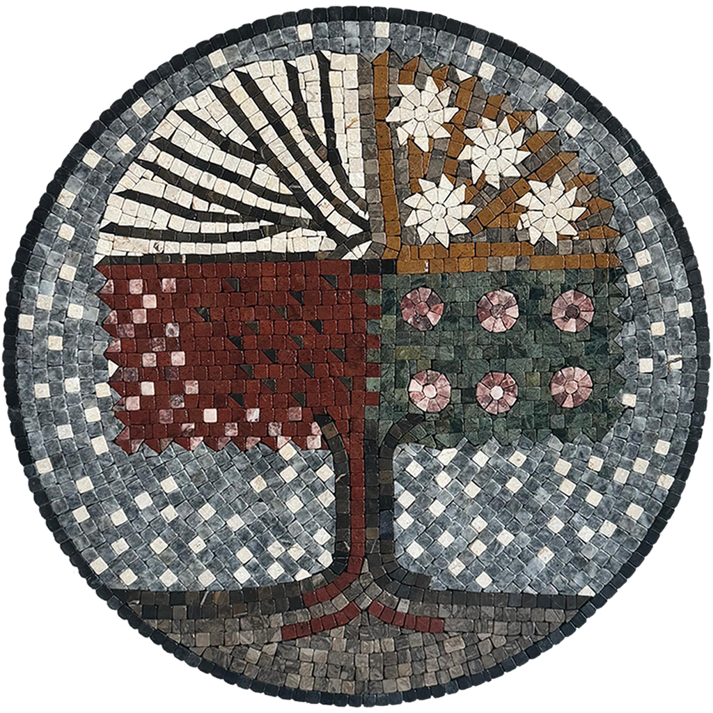Circular stone mosaic wall art with tree trunk, red and green panels, and flower clusters.