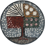 Circular stone mosaic wall art with tree trunk, red and green panels, and flower clusters.