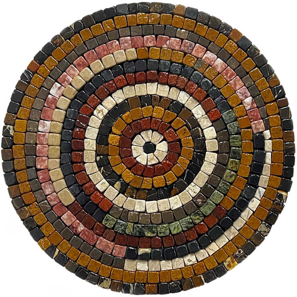 Handmade round stone mosaic wall art with concentric earth-tone rings, flat