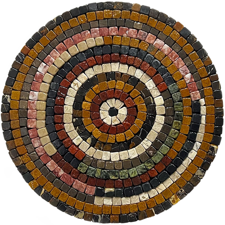 Handmade round stone mosaic wall art with concentric earth-tone rings, flat