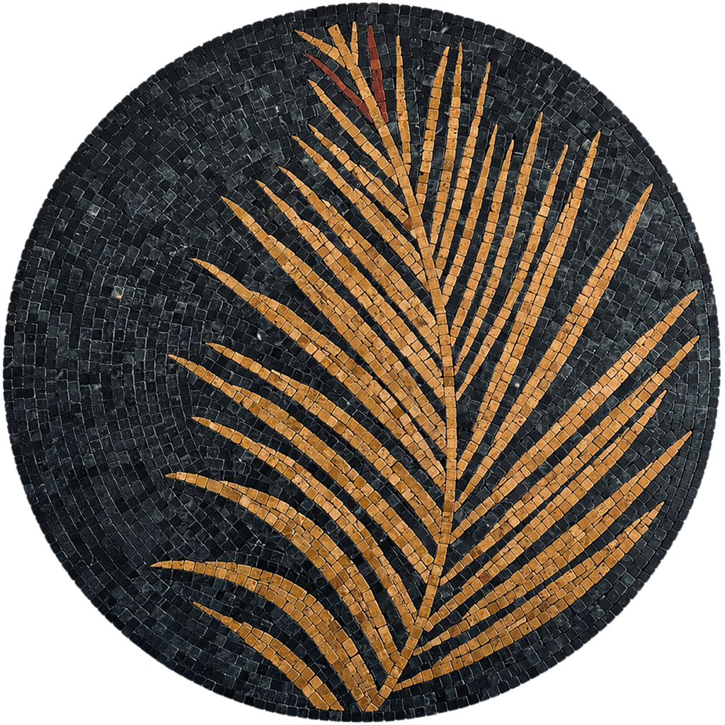 Round stone mosaic palm frond wall art with black and gold curved tiles.