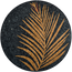 Round stone mosaic palm frond wall art with black and gold curved tiles.