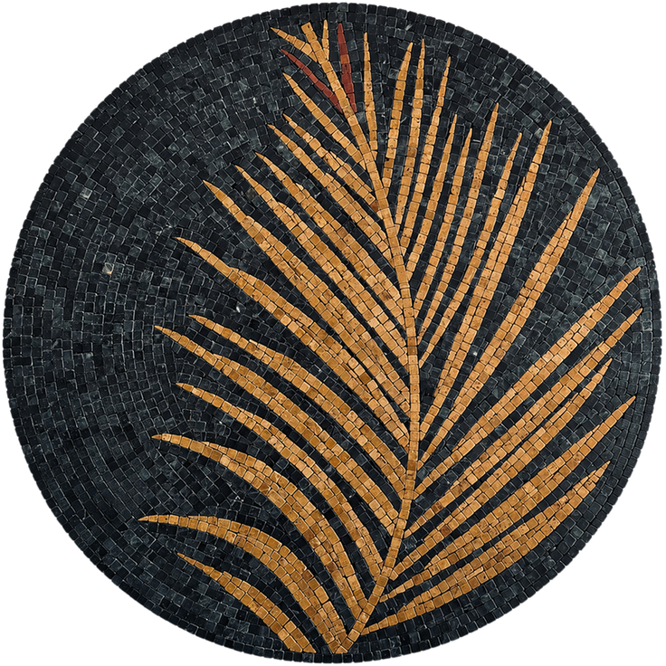 Round stone mosaic palm frond wall art with black and gold curved tiles.