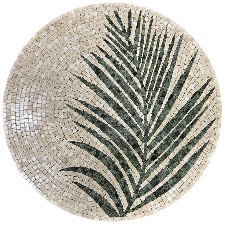 Round stone mosaic wall art, cream tile base with dark green palm leaf centerpiece