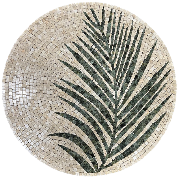 Round stone mosaic wall art, cream tile base with dark green palm leaf centerpiece