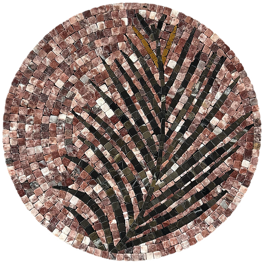 Round palm stone mosaic wall art with multicolor tile fronds in a circular design