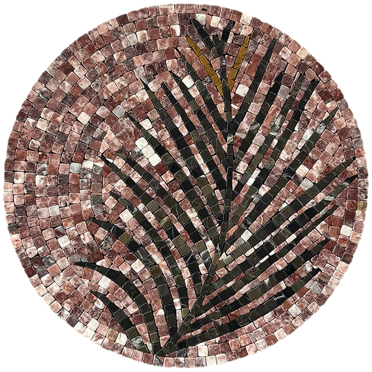 Round palm stone mosaic wall art with multicolor tile fronds in a circular design