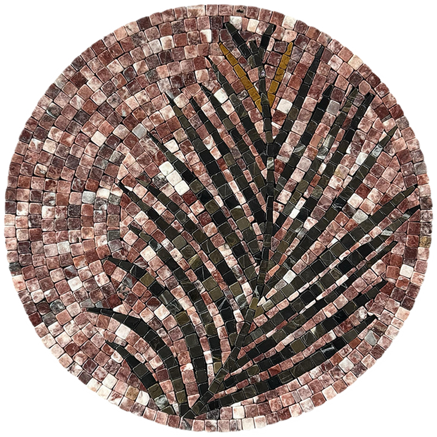 Round palm stone mosaic wall art with multicolor tile fronds in a circular design