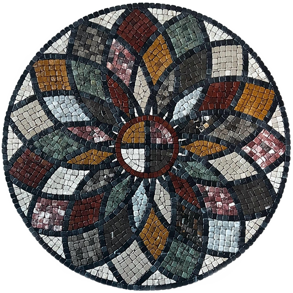 Round stone mosaic wall art with multicolor circular flower starburst centerpiece