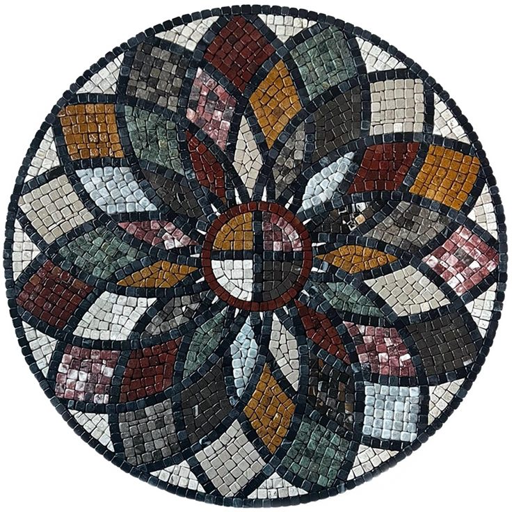 Round stone mosaic wall art with multicolor circular flower starburst centerpiece