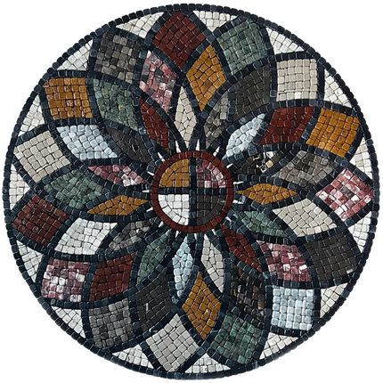 Round stone mosaic wall art with multicolor circular flower starburst centerpiece