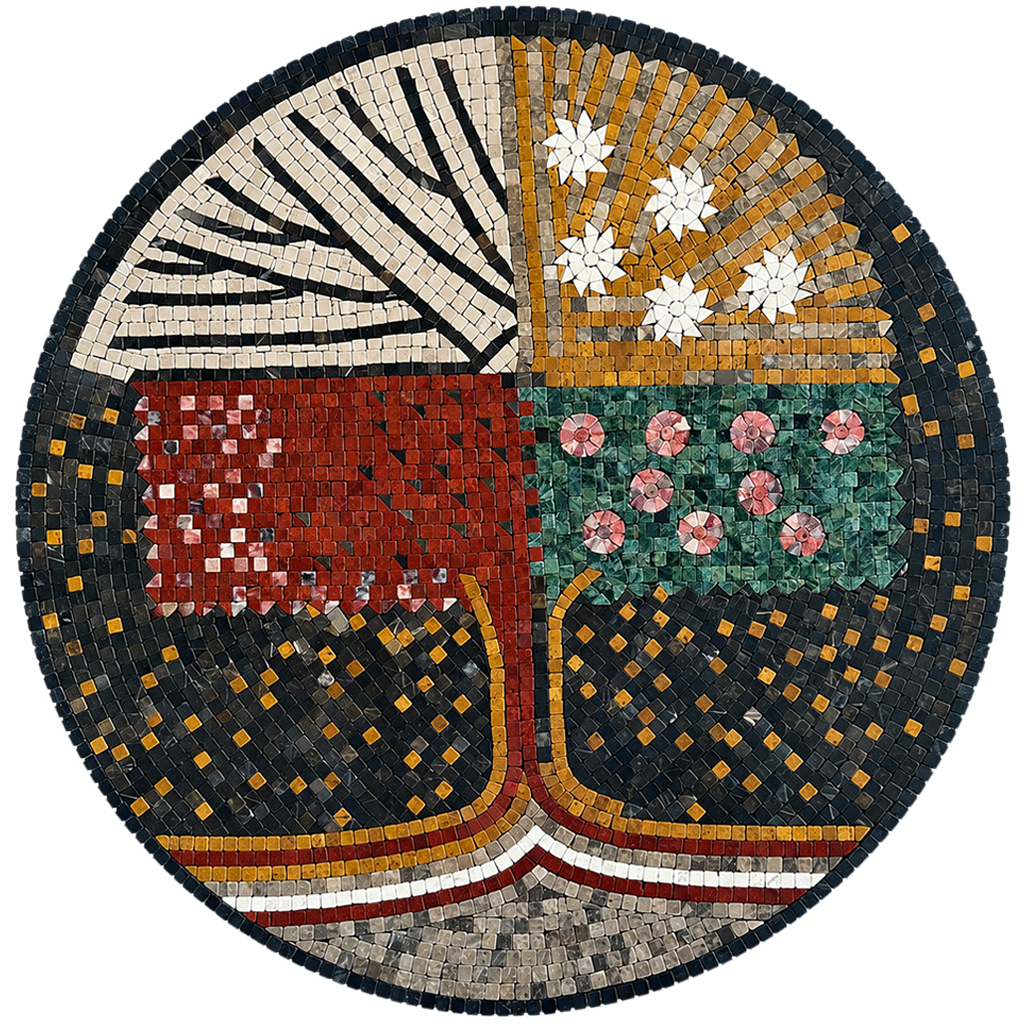 Round mosaic medallion wall art with symmetrical tree motif in red, teal, gold, and black