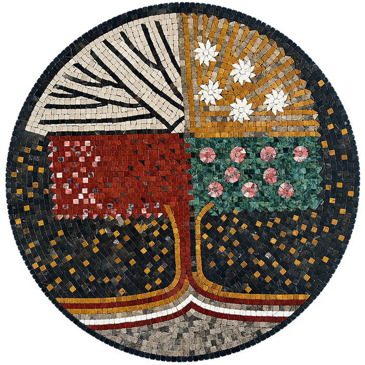 Round mosaic medallion wall art with symmetrical tree motif in red, teal, gold, and black