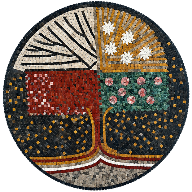 Round mosaic medallion wall art with symmetrical tree motif in red, teal, gold, and black