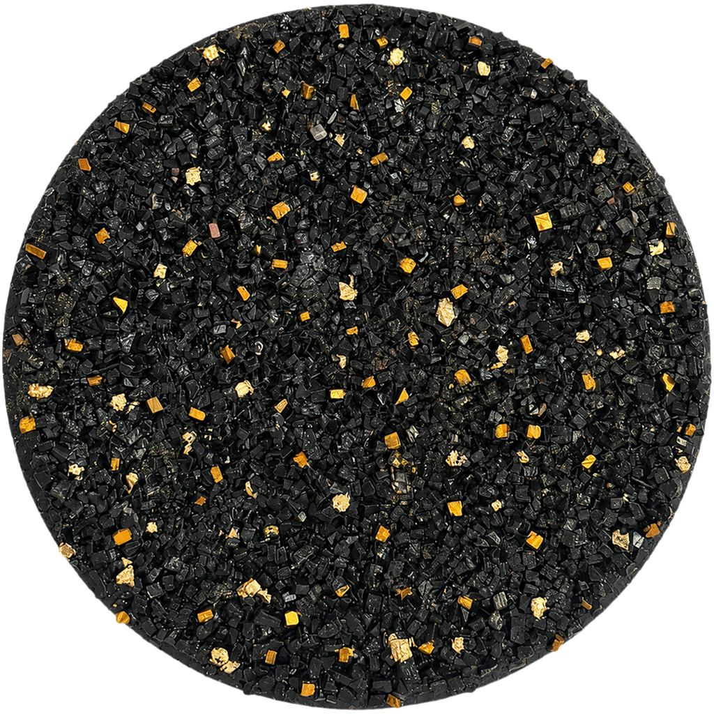 Round stone mosaic wall art with black mosaic texture and gold accents