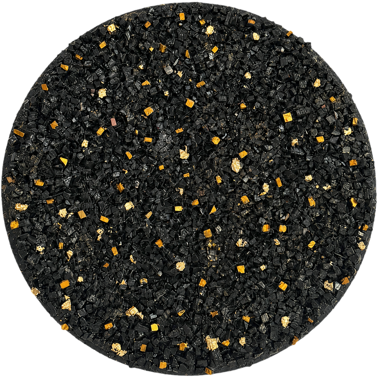 Round stone mosaic wall art with black mosaic texture and gold accents