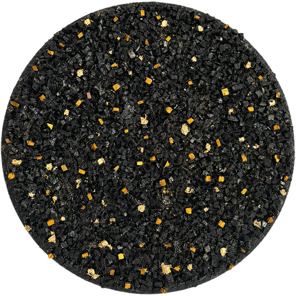 Round stone mosaic wall art with black mosaic texture and gold accents