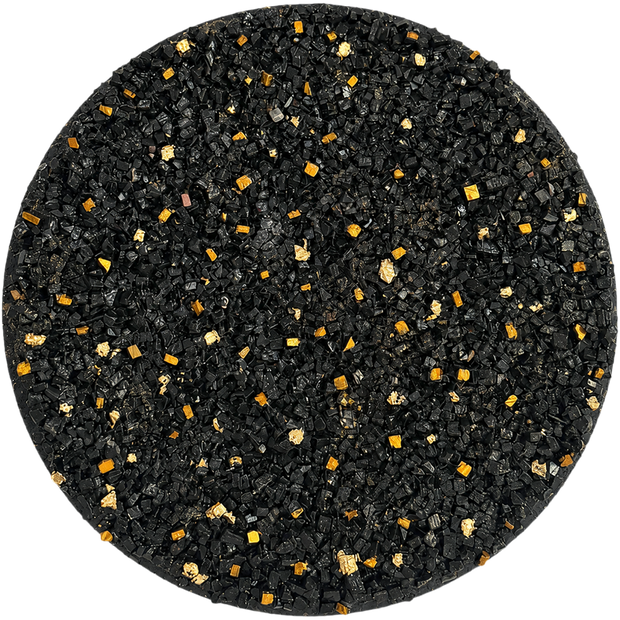 Round stone mosaic wall art with black mosaic texture and gold accents