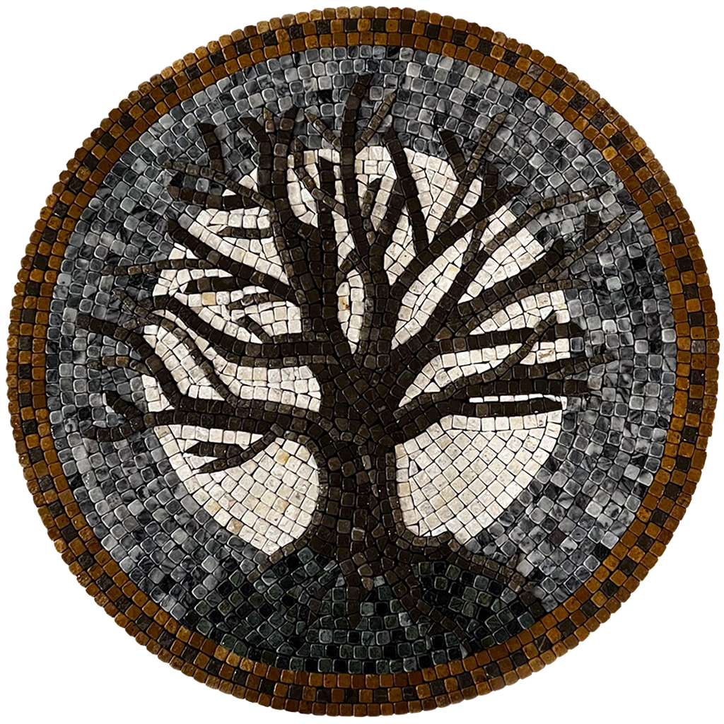 Circular stone mosaic tree artwork with dark gray background and gold outer ring.