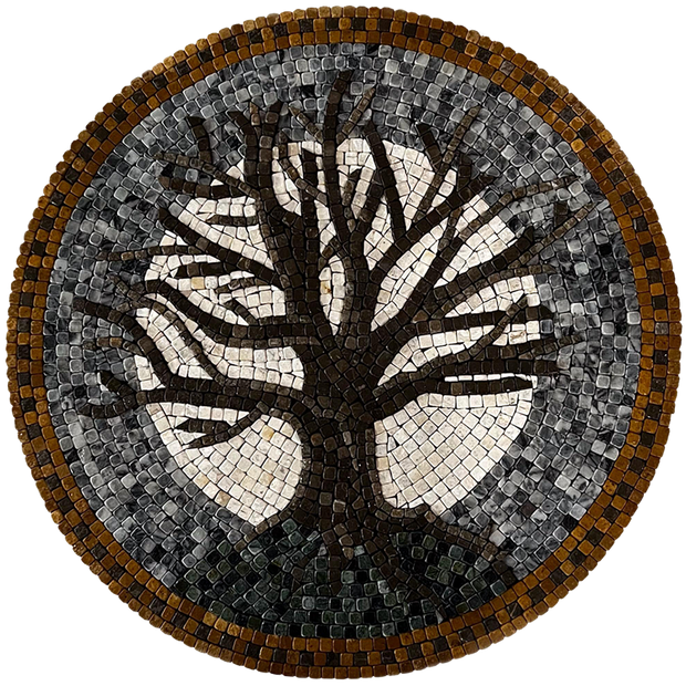 Circular stone mosaic tree artwork with dark gray background and gold outer ring.