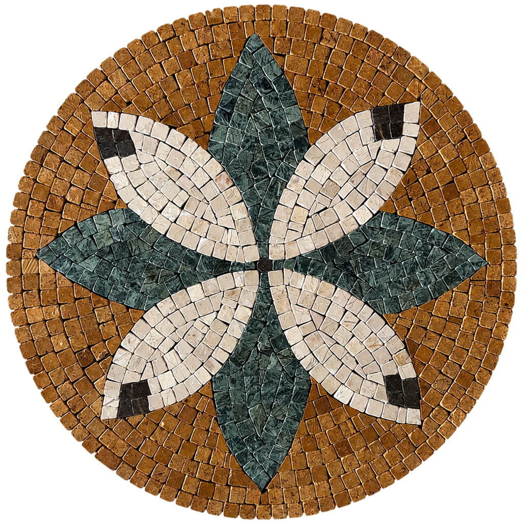Handmade round mosaic floral wall art with teal and white five-petal flower and tan border