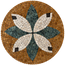 Handmade round mosaic floral wall art with teal and white five-petal flower and tan border