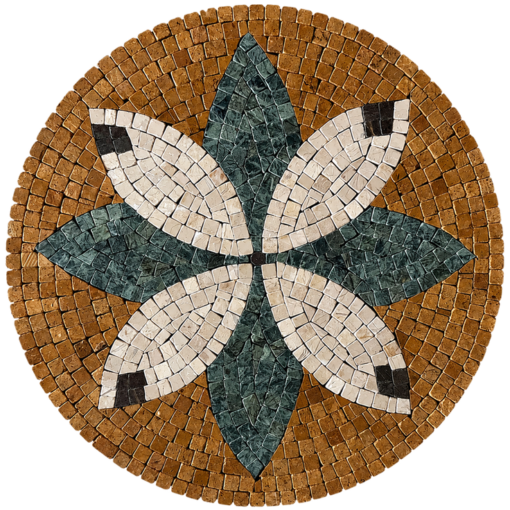 Handmade round mosaic floral wall art with teal and white five-petal flower and tan border