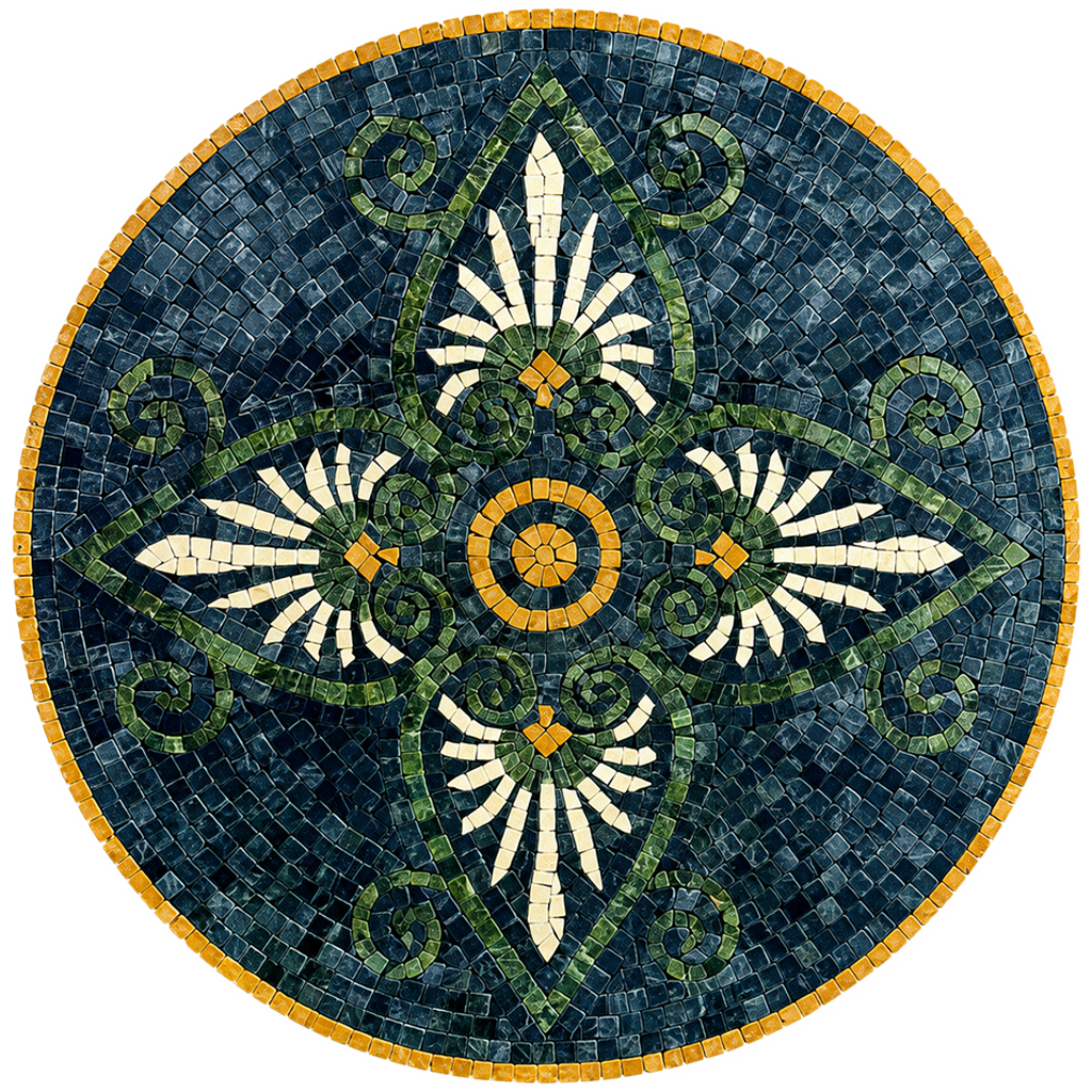 Round blue-green stone mosaic wall art with white daisies, green curls, orange center, and gold border