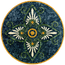 Round blue-green stone mosaic wall art with white daisies, green curls, orange center, and gold border