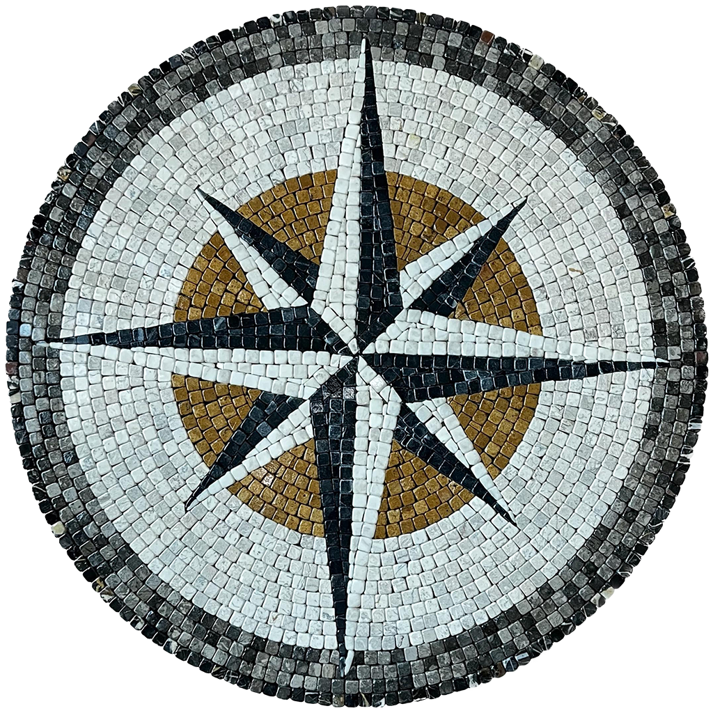 Circular stone mosaic wall art compass with dark frame and gold-and-white star