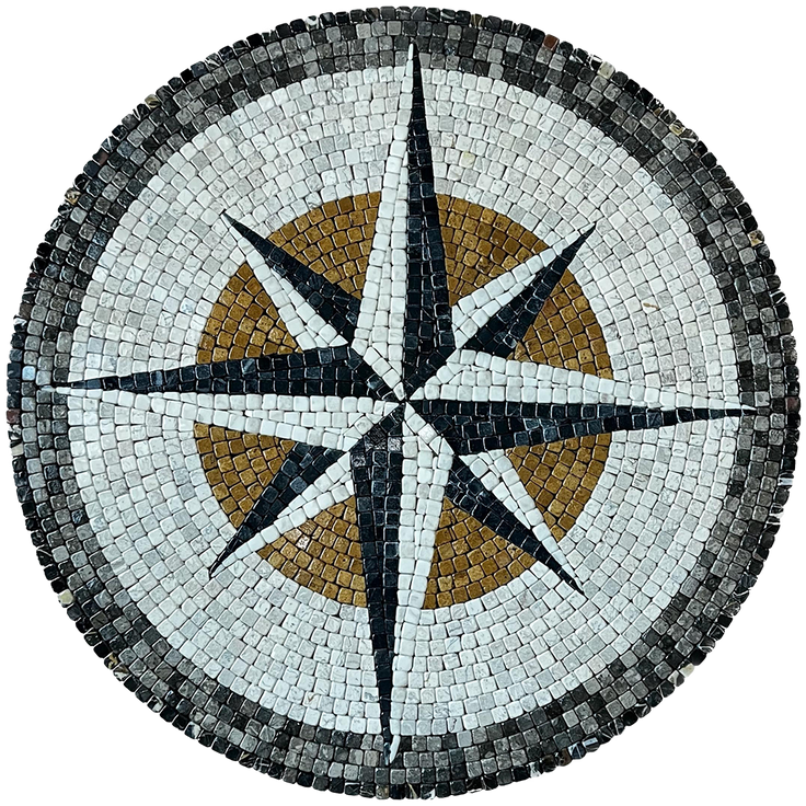 Circular stone mosaic wall art compass with dark frame and gold-and-white star