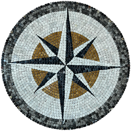 Circular stone mosaic wall art compass with dark frame and gold-and-white star