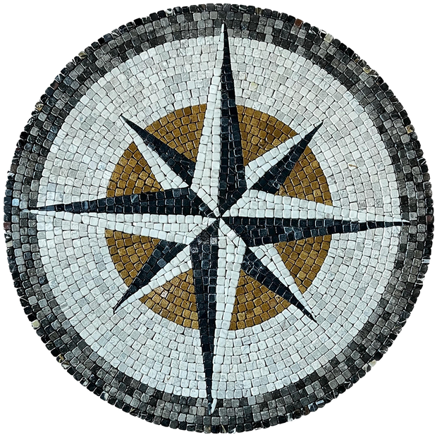 Circular stone mosaic wall art compass with dark frame and gold-and-white star