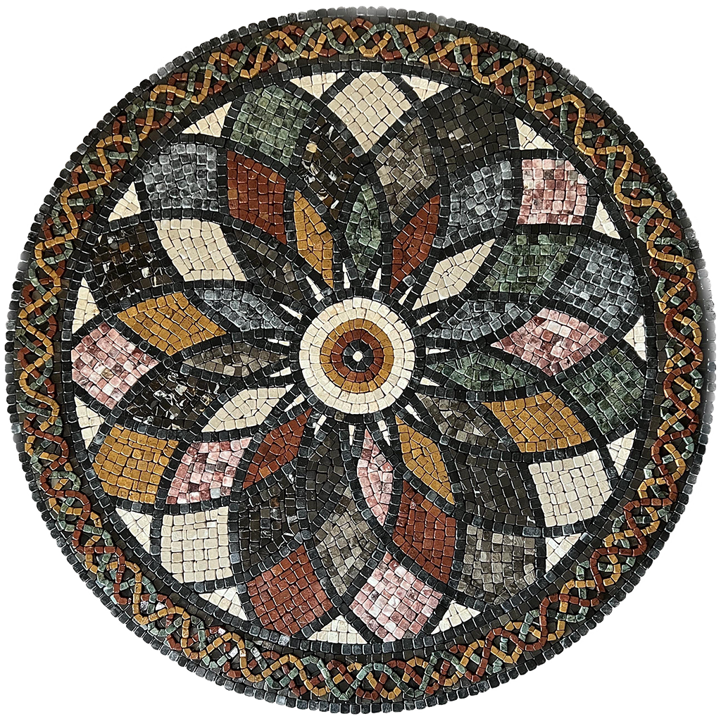 Round stone mosaic floral rosette wall art with multicolor tiles and textured circular frame