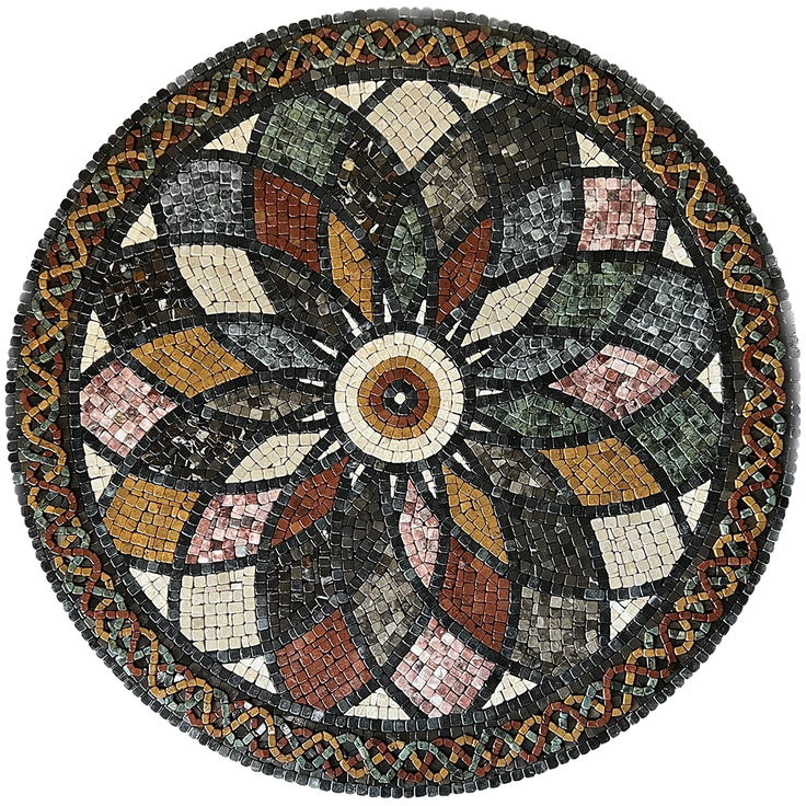 Round stone mosaic floral rosette wall art with multicolor tiles and textured circular frame