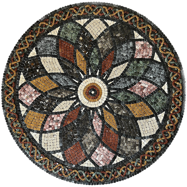 Round stone mosaic floral rosette wall art with multicolor tiles and textured circular frame