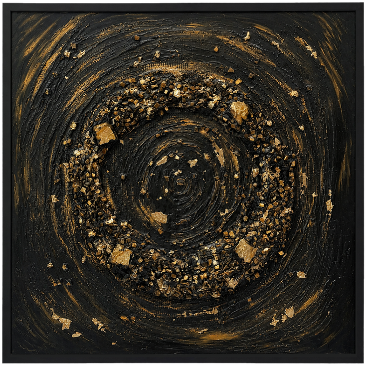 Framed black and gold stone mosaic wall art with central circular swirl pattern