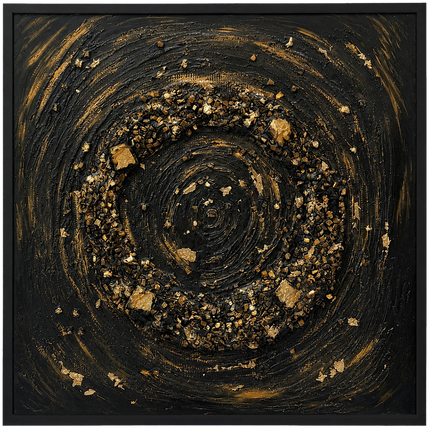 Framed black and gold stone mosaic wall art with central circular swirl pattern
