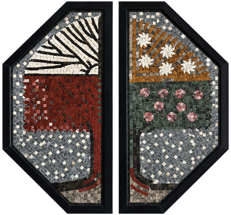 Pair of octagon black-framed stone mosaic wall art pieces with zebra stripes and pink flowers