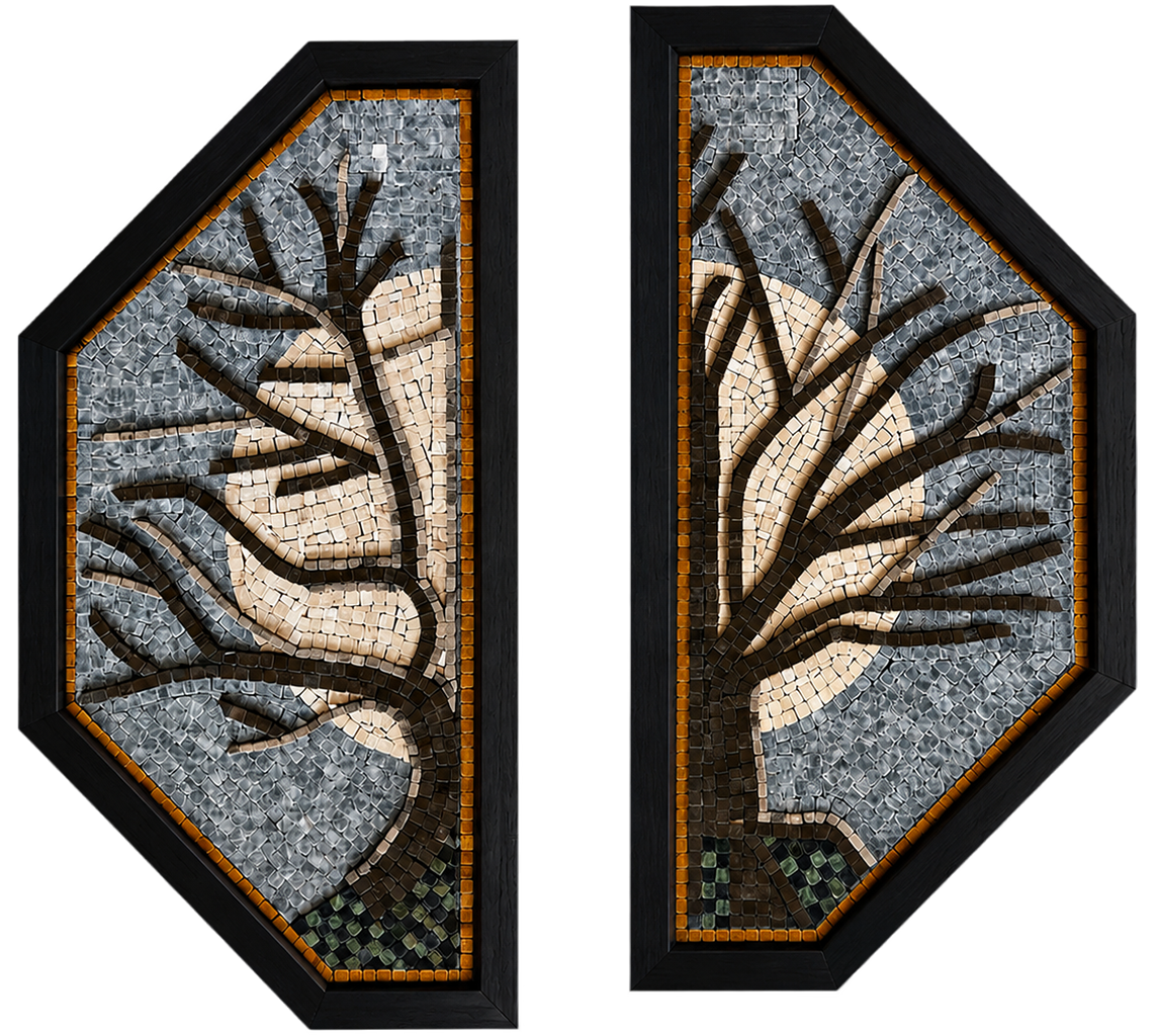 Two octagonal stone mosaic wall arts with tree branches, dark frames, blue-gray stonework