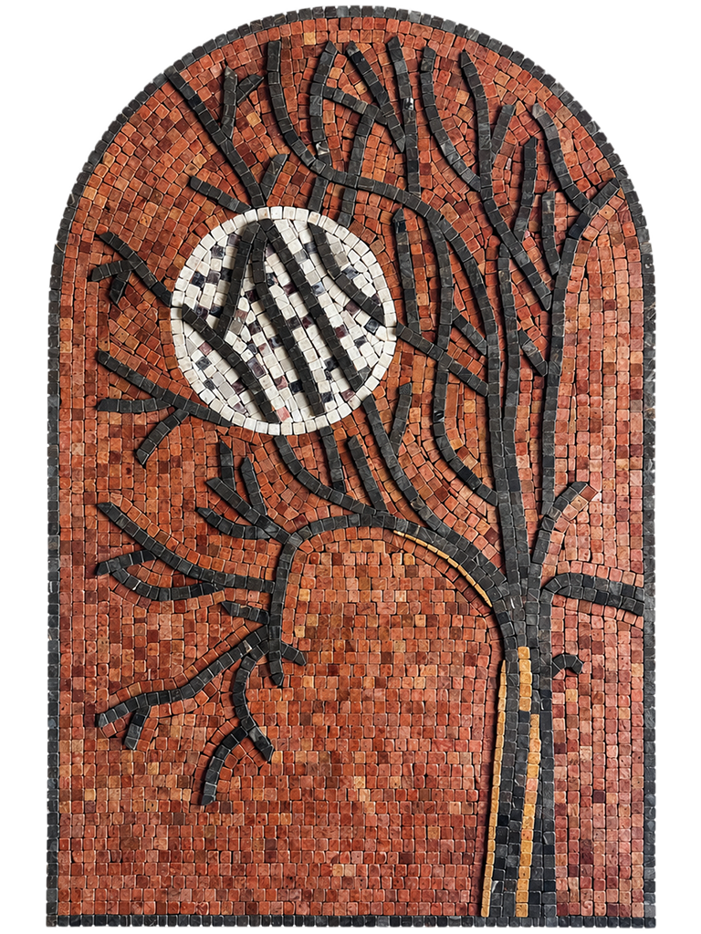 Arched stone mosaic wall art with orange tree, black branches, and a white moon circle