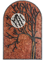 Arched stone mosaic wall art with orange tree, black branches, and a white moon circle
