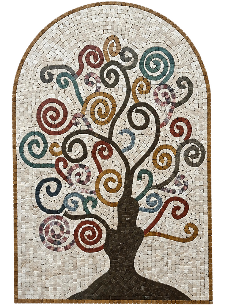 Arched stone mosaic wall art featuring a tree silhouette with multicolor circular tile details