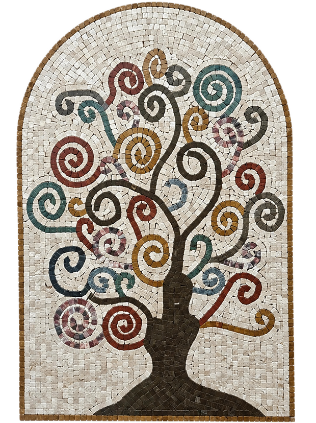 Arched stone mosaic wall art featuring a tree silhouette with multicolor circular tile details