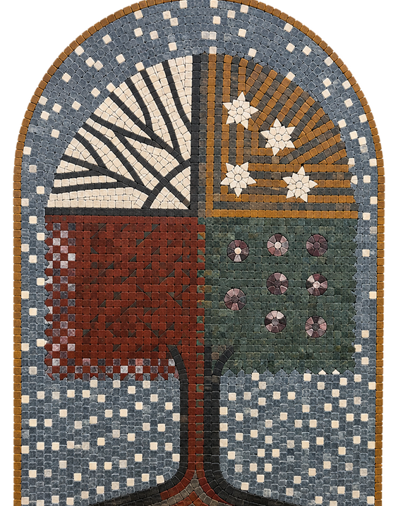 Full view arched stone mosaic wall art with tree trunk, blue dots border, and flower accents