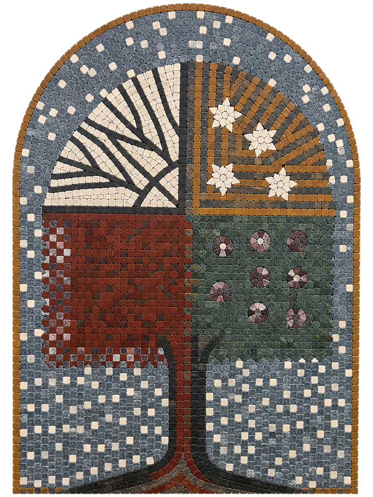 Full view arched stone mosaic wall art with tree trunk, blue dots border, and flower accents
