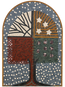 Full view arched stone mosaic wall art with tree trunk, blue dots border, and flower accents